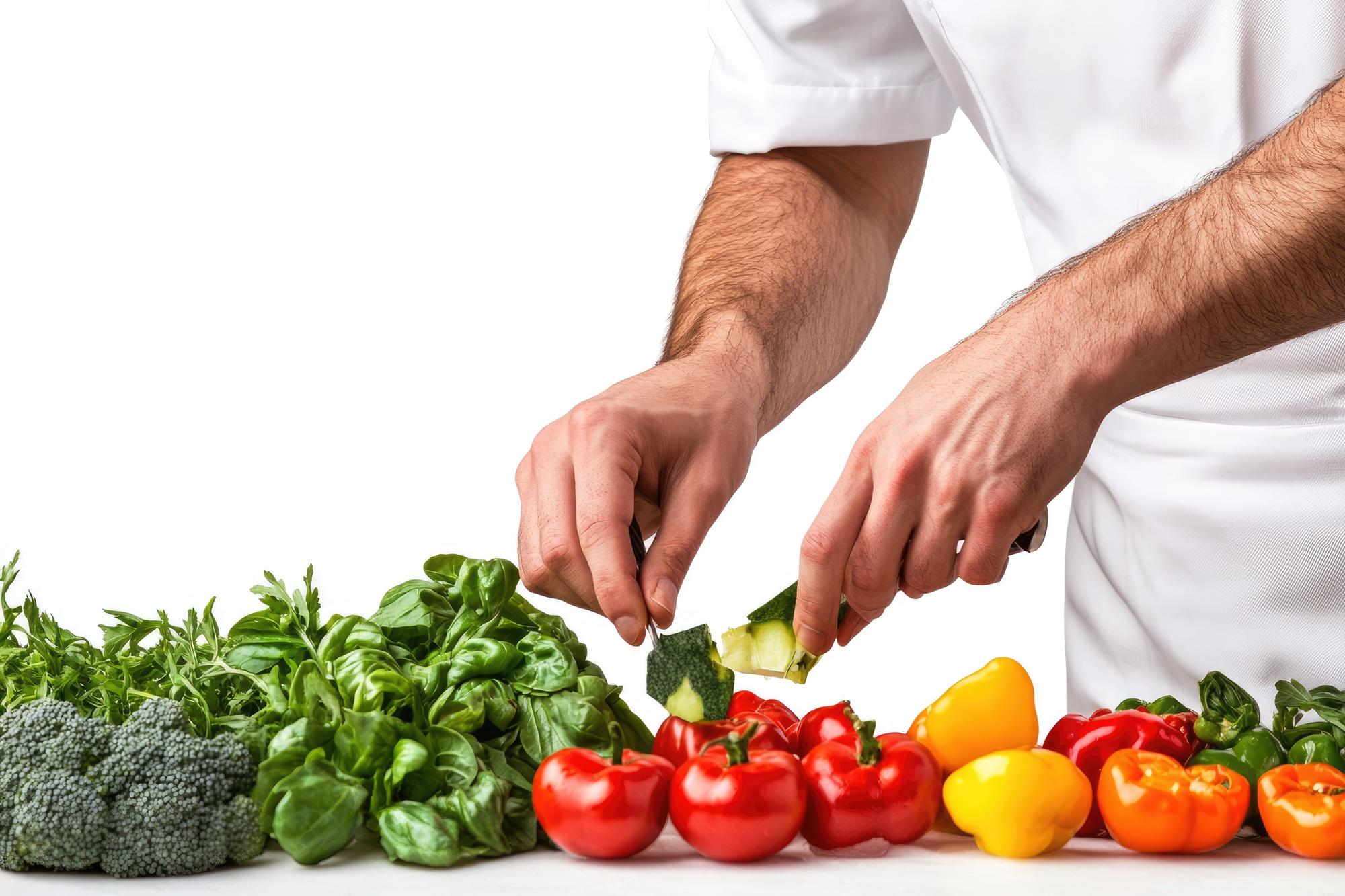 Chef che affetta verdure con cura